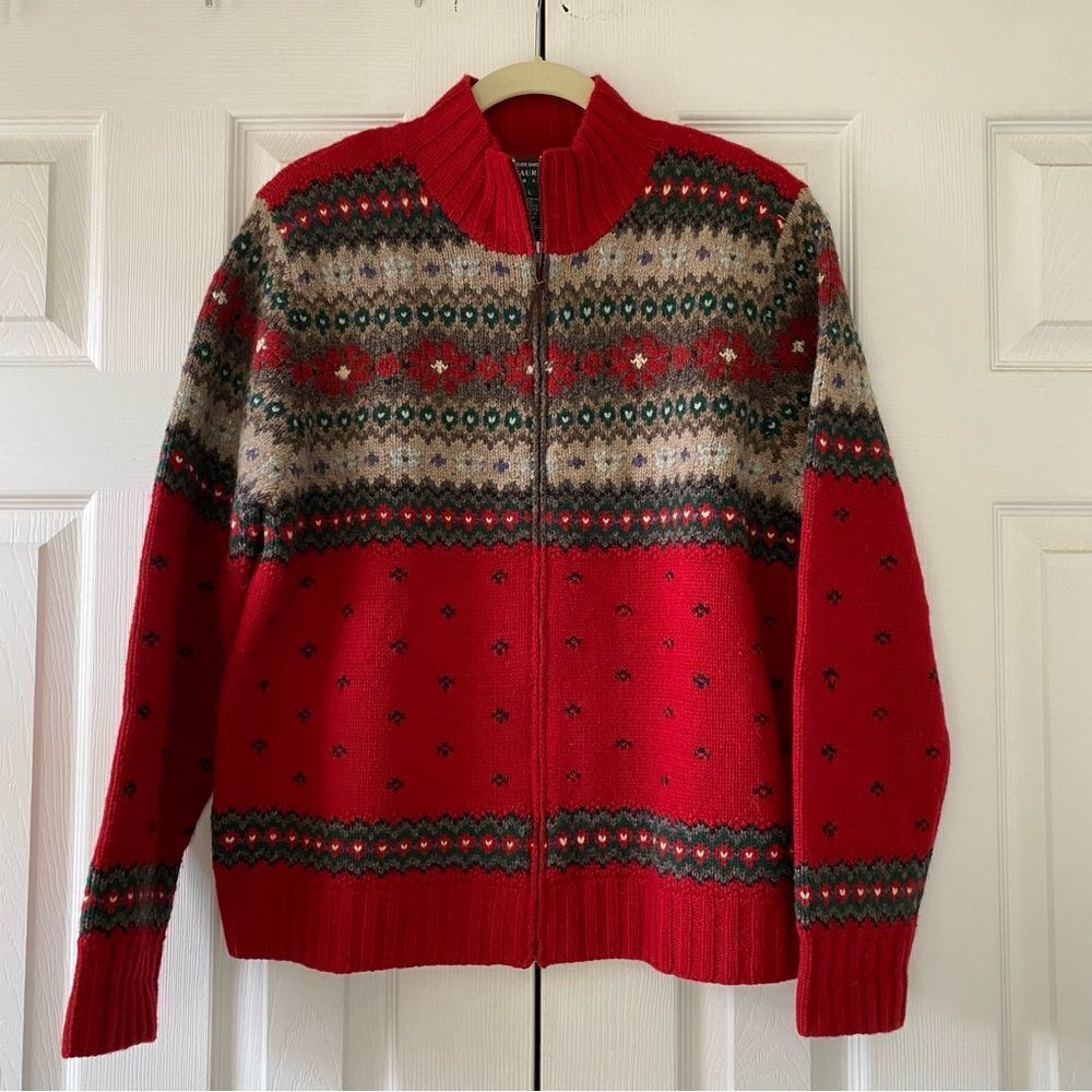 Exclusive Hand Knit Lauren Ralph Lauren Nordic Zip Up Wool Sweater Sz Large